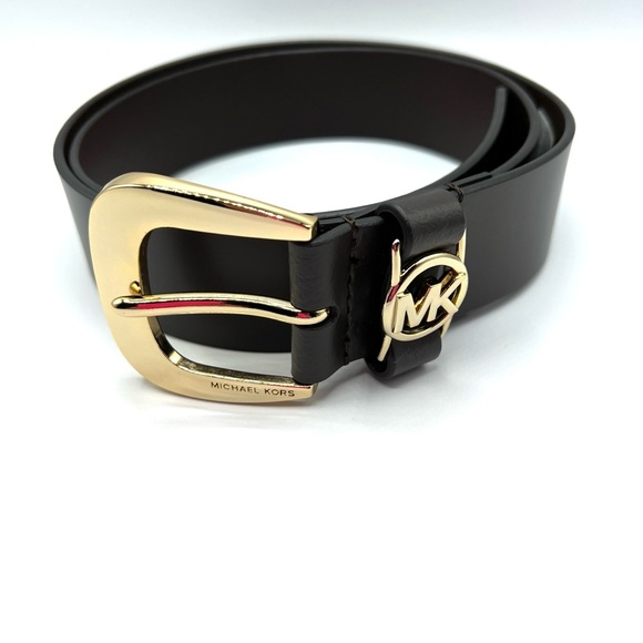 MICHAEL Michael Kors Leather Belt with MK Cutout Logo Disc Brown Size Large NWT - Picture 2 of 3